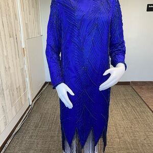 Royal blue vintage beaded fringe dress size large